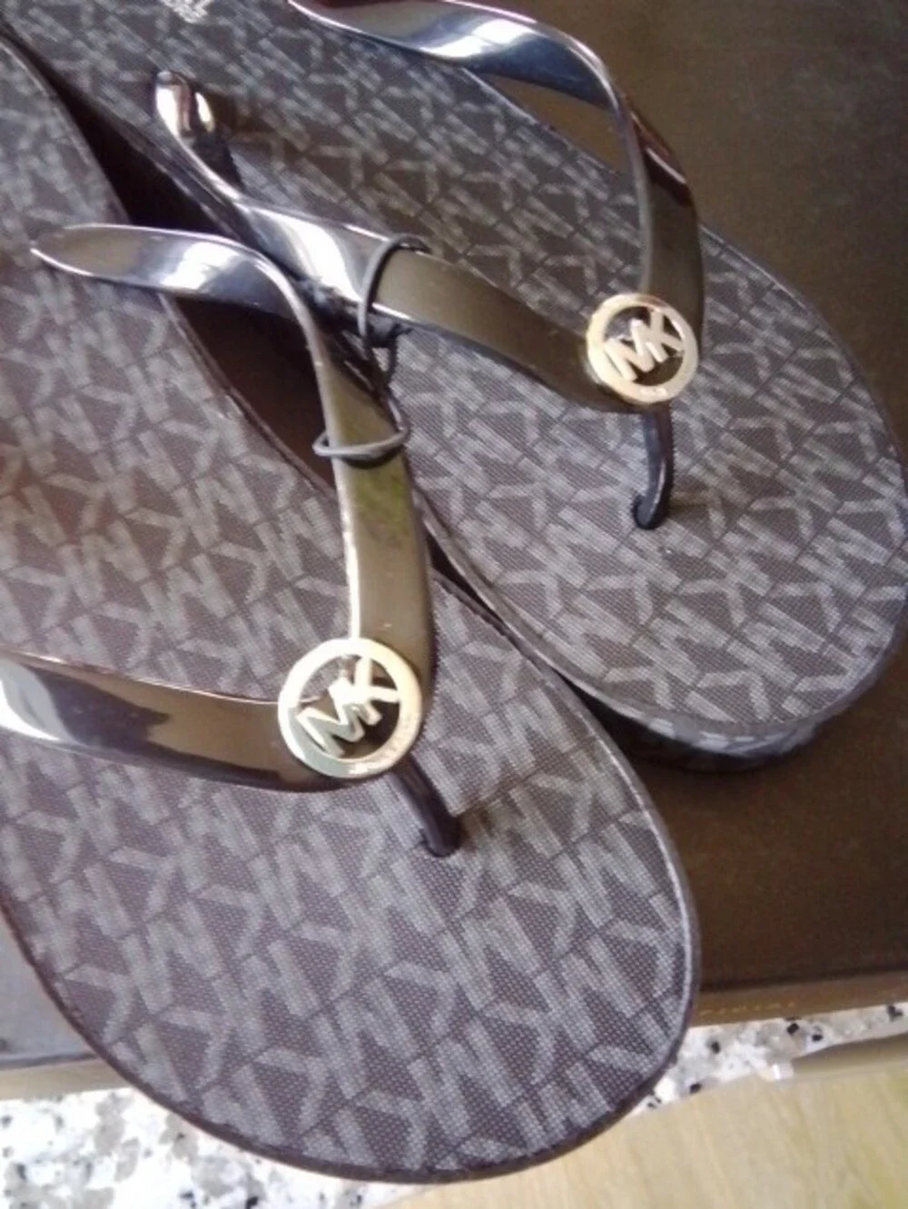 Michael Kors Black Flip Flops with Gold MK Medallions